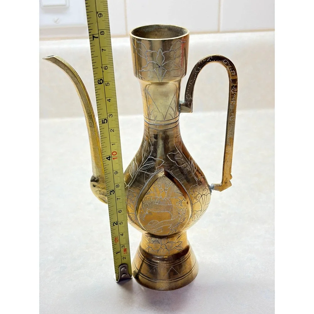 Vintage Etched Brass Ewer Pitcher Dragon Floral Design Decorative Accent FLAW 7" - Picture 10 of 12